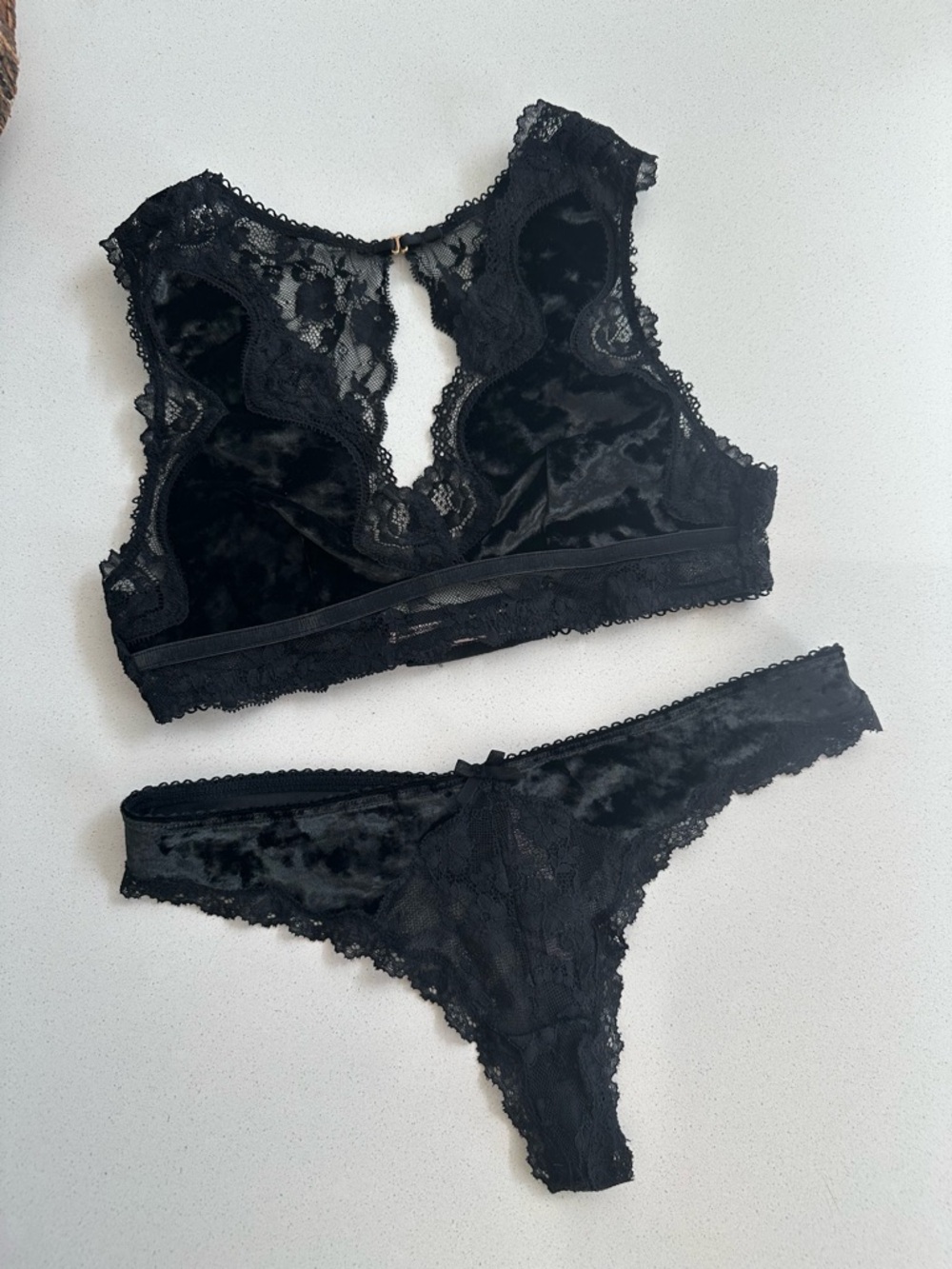 Victoria's Secret Black Lace & Velvet Bralette and Thong Set
